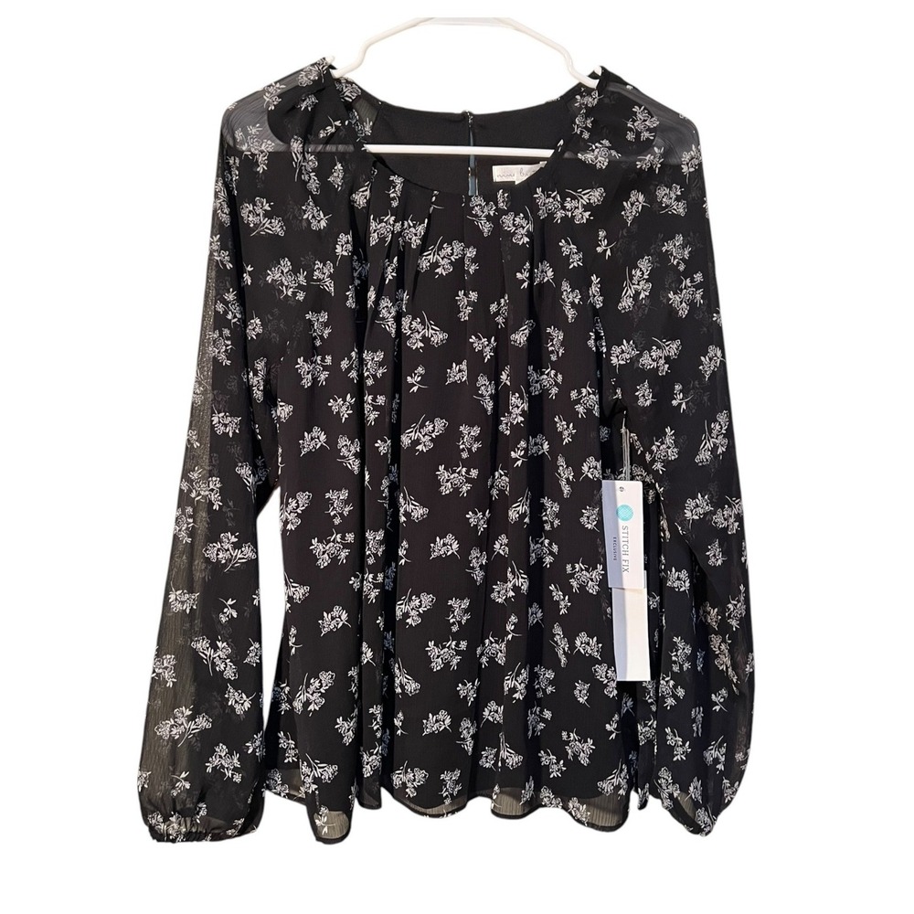 Nine Britton Women's Size Medium Camille Relaxed Blouse Black White Floral Long
